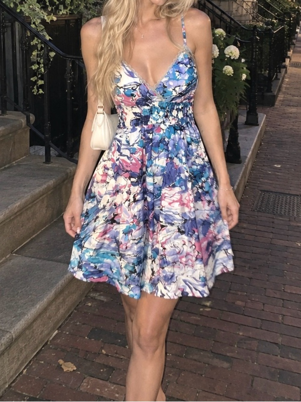 Watercolor Floral V-Neck Sundress in Blue & Pink- Women’s Stylish Essentials